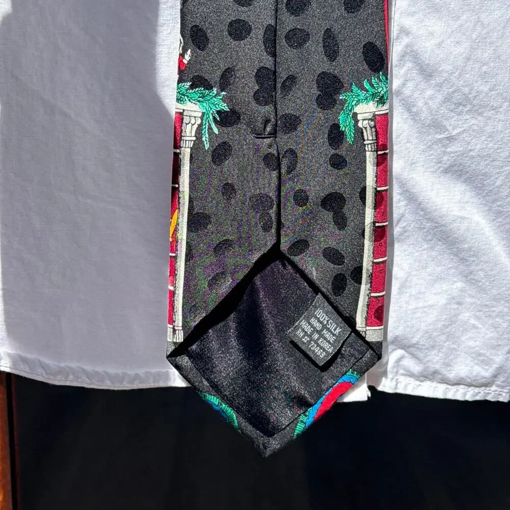 Vintage 100% Silk Christmas Tie Santa Fireplace Cat Wreath Black Korea 57”